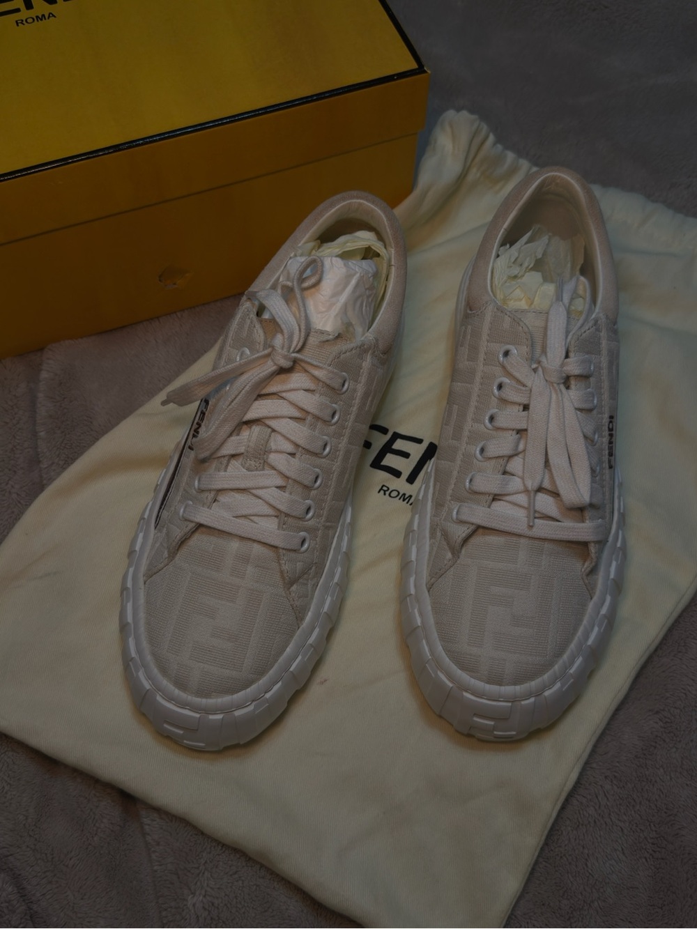 Fendi Cream FF Logo Canvas Low-Top Sneakers